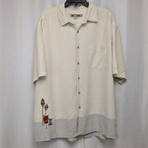 Quiksilver Edition Shirt Mens 2XL Beige Silk Cotton Comfort Fit Tiki Hawaiian